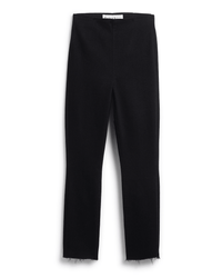 The Frank & Eileen Derry Illusion Pull On Pants in Black Denim feature a high waist, straight-leg fit, and raw hems, shown flat on a white background.