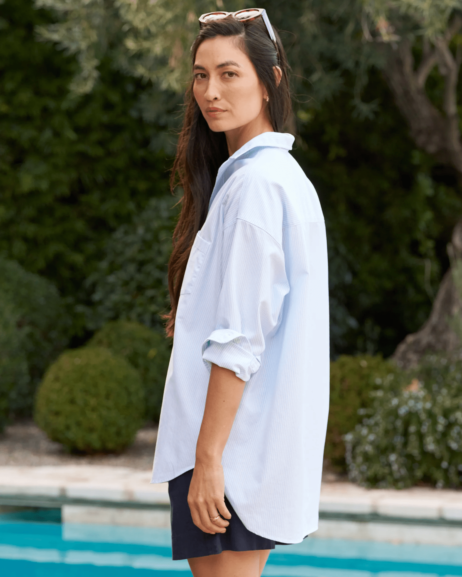 Frank & Eileen Clothing Shirley Oversized Button-Up Shirt in Light Blue Stripe