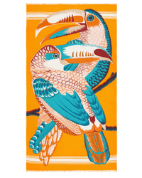 The Scarf 100 Toucan in Orange by Inoui Editions features two vibrant toucans with blue, orange, and white feathers on a branch, set against an orange background with white and orange striped borders.