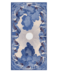 The Scarf 100 Yoga in Blue by Inoui Editions features a striking blue and beige design with a radiant sun, stylized clouds, and eight women reclining symmetrically, creating a celestial, dreamlike effect.