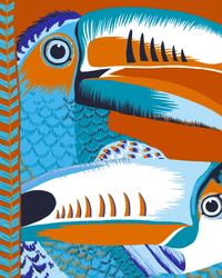 A vibrant, stylized illustration of two toucans in blue, orange, and white—with one bird’s beak overlapping the other—mirrors the bold design of the Scarf 70 Toucan in Caramel by Inoui Editions, bordered on the left with decorative leaves.