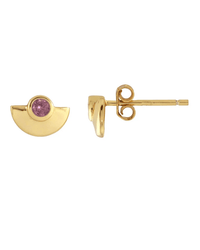 The Kris Nations Half Moon Crystal 18K Gold Stud Earrings in Pink Rhodolite feature half-circle gold studs, each accented with a round pink gemstone at the straight edge—one earring shown front view, the other side view.