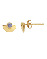 The Kris Nations Half Moon Crystal 18K Gold Stud Earrings in Purple Amethyst feature a sleek half-circle design with a round lavender crystal, shown both front-facing and in profile.