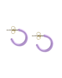 A pair of Petite Palette Enamel Post Hoops in Peri by Kris Nations, small round earrings in light purple enamel-coated brass with gold-tone posts and butterfly backs, shown on a white background.