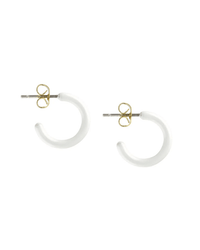 A pair of Petite Palette Enamel Post Hoops in White by Kris Nations, featuring enamel coated brass with gold butterfly backings, shown on a white background.