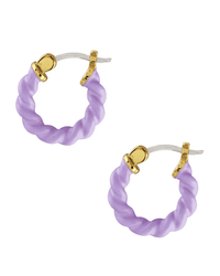 The Kris Nations Twisted Enamel Hoop Earrings in Peri feature a twisted lavender design with gold-colored enamel-coated brass accents at the ends and clasps.