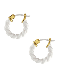 The Kris Nations Twisted Enamel Hoop Earrings in White feature twisted white enamel-coated brass loops and shiny gold-toned accents at the top and clasp for a glossy, elegant look.