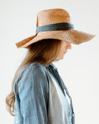 A woman with long brown hair stands in profile against a white background, wearing the Lola Hats "Snap First Aid" in Caramel/Pewter—a wide-brimmed summer hat with a black band and adjustable fit—paired with a blue denim shirt.