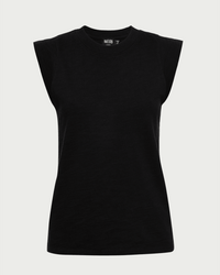 The Patti Muscle Tank in Jet Black by Nation LTD features a crew neckline, relaxed fit, and slightly extended shoulders. Made from heavyweight cotton for durability, it's displayed against a white background.