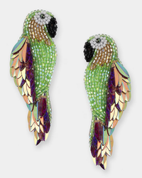 The Olivia Dar Ara Earrings in Lime are decorative parrot-shaped earrings crafted with green, black, white, gold, purple, and iridescent sequin beads to resemble feathers and features.