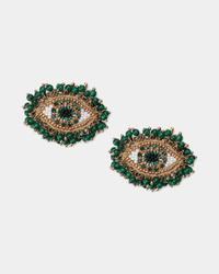 The Milos Eye Earrings in Green by Olivia Dar feature eye-shaped designs with intricate patterns, crafted with green, gold-plated, and white seed beads, and finished with green beaded edges.