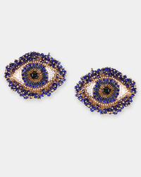 The Milos Eye Earrings in Navy by Olivia Dar feature intricate patterns of blue, gold, black, and white seed beads arranged on a white background.