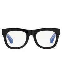 The CADDIS D28 Reading Glasses in Gloss Black & Vodka feature a black square frame, clear scratch-resistant lenses, and blue-tipped arms, shown front-facing against a white background.