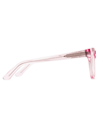 Side view of CADDIS D28 Reading Glasses in Polished Clear Pink, featuring a square bio-based acetate frame, straight arms, and hard coating lens protector, displayed on a white background.