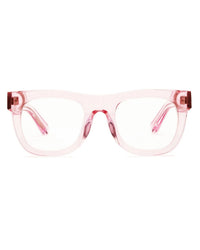 The CADDIS D28 Reading Glasses feature a polished clear pink square bio-based acetate frame, shown from the front against a white background.