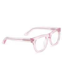 The CADDIS D28 Reading Glasses in Polished Clear Pink feature a thick bio-based acetate square frame with rectangular lenses and straight arms, shown from a front side angle.