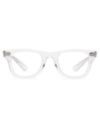 The CADDIS Porgy Backstage Reading Glasses in Vodka feature a transparent, lightweight frame made from eco-friendly bio-based acetate and rectangular, scratch-resistant lenses, shown from the front against a white background.
