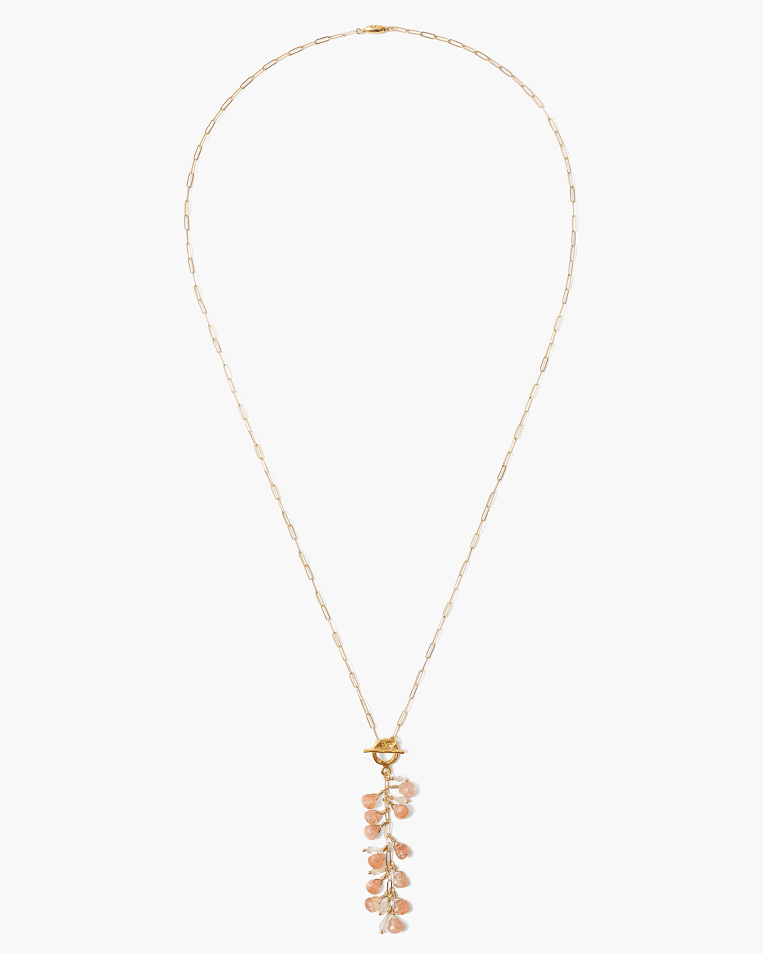 The Chan Luu Pacifica Necklace in Sunstone Mix is an elegant gold chain with a pendant featuring dangling peach and translucent beads, crafted in 18k gold plated sterling silver.