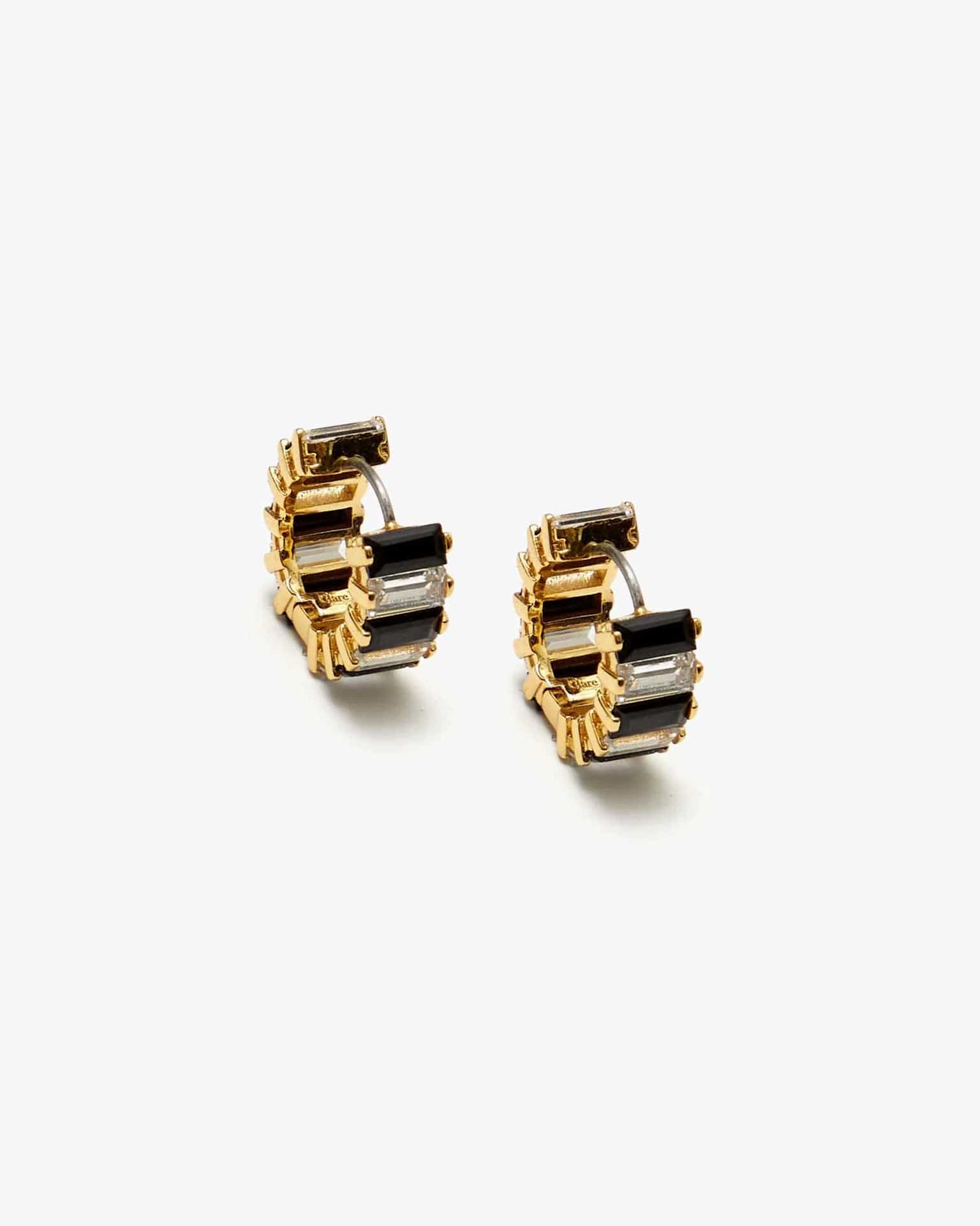 Clare V. Baguette Checker Huggie Earrings in Clear/Jet/Gold