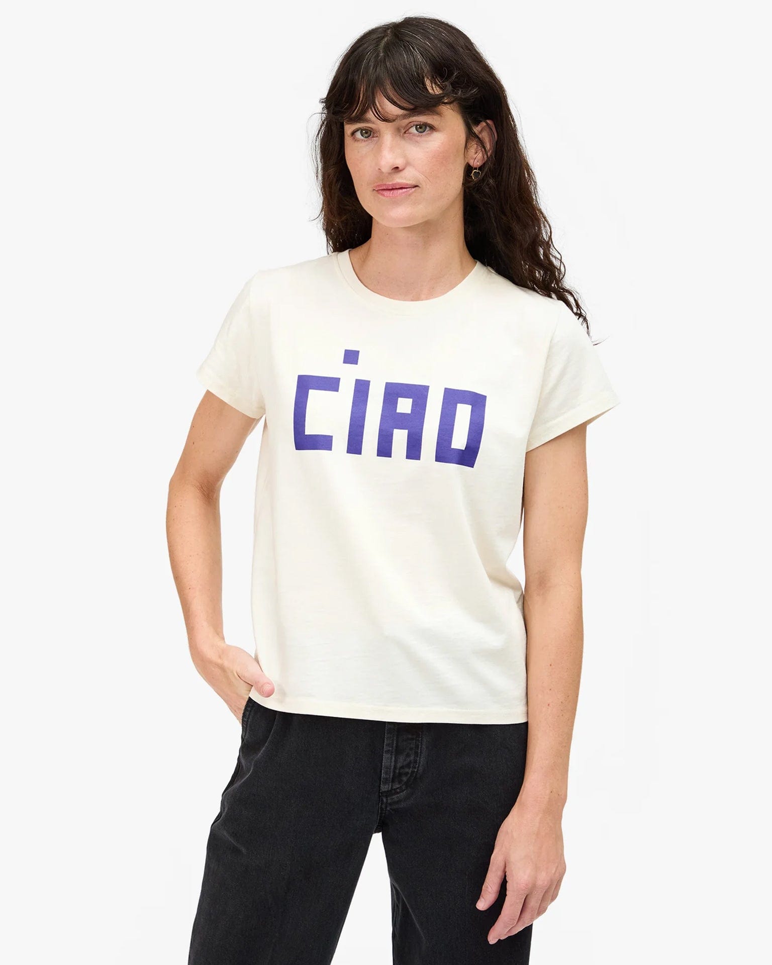 Clare V. Block Ciao Classic Tee in Cream w/ Royal