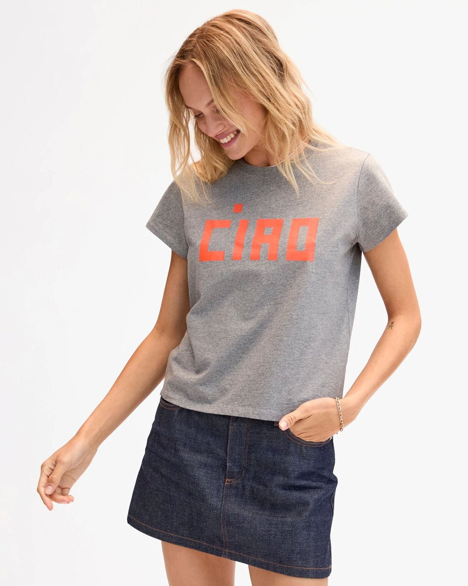 Clare V. Block Ciao Classic Tee in Grey Melange w/ Safety Orange