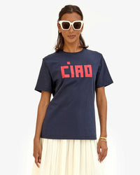 Clare V. Block Ciao Original Tee in Navy w/ Bright Poppy