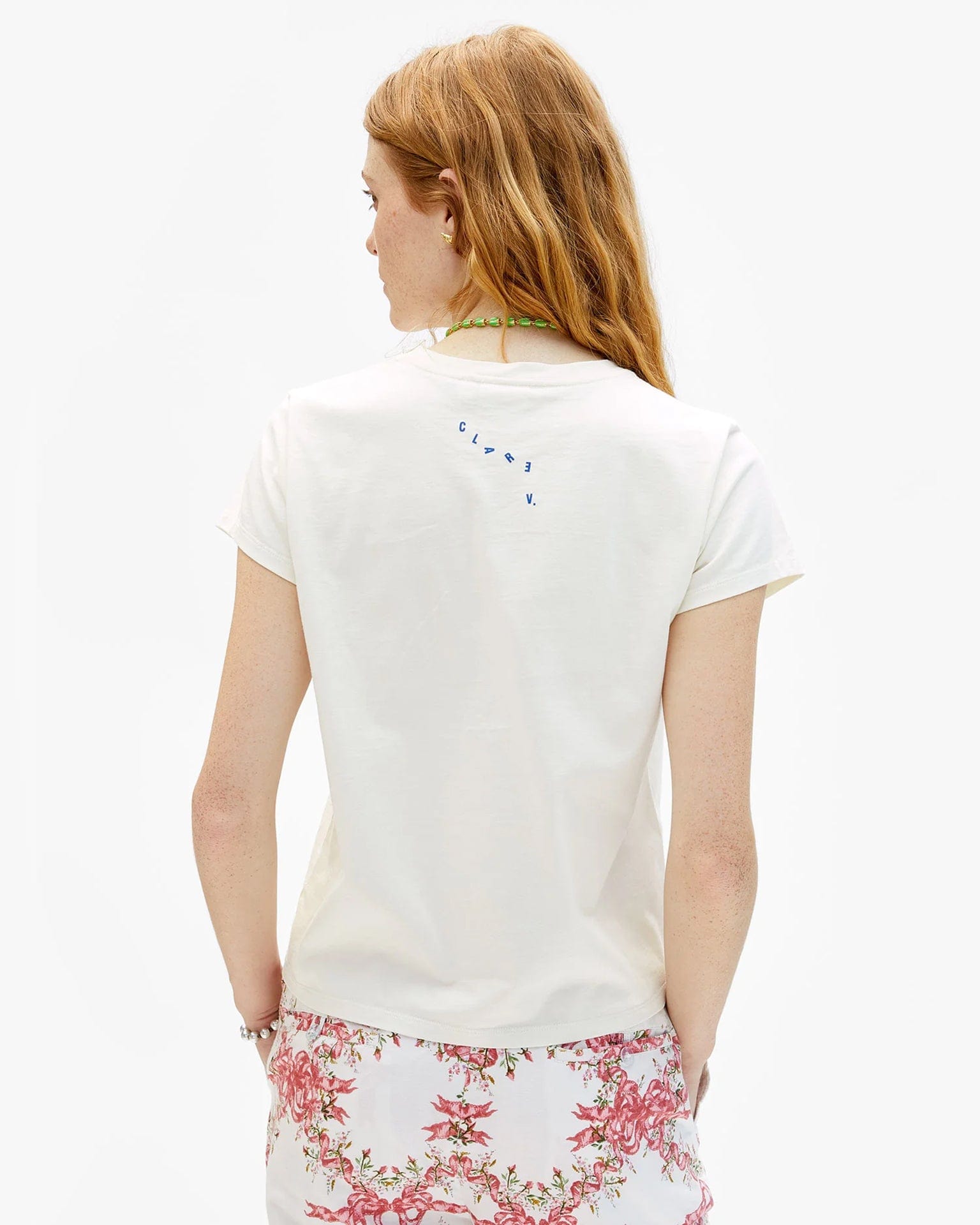 Clare V. Californie Classic Tee in Cream w/ Cobalt