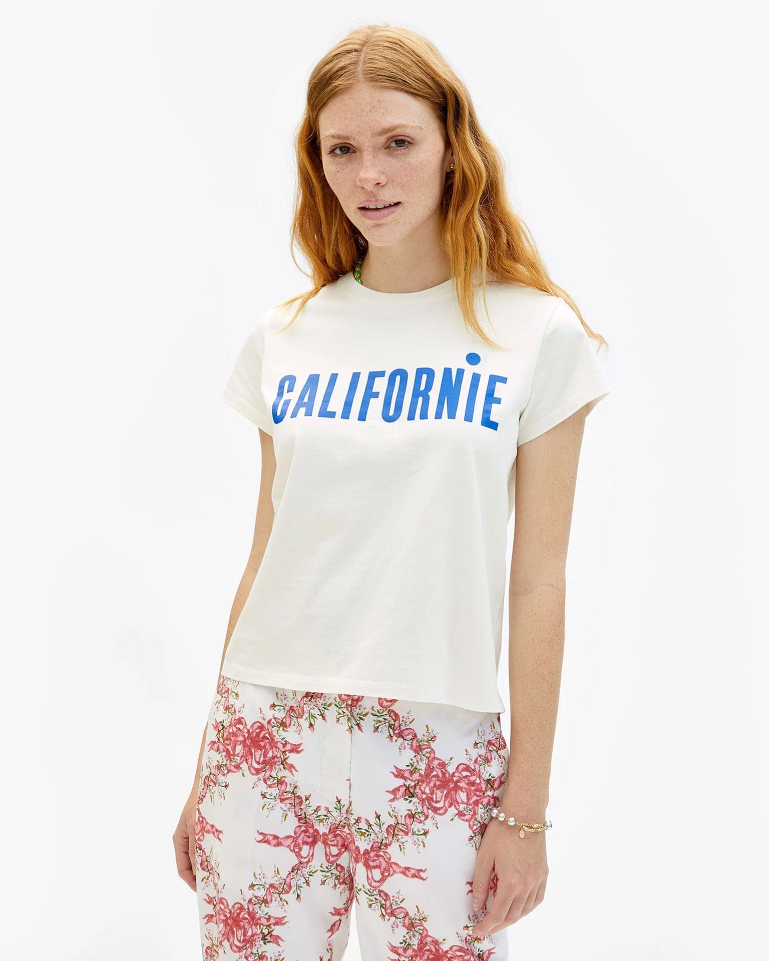 Clare V. Californie Classic Tee in Cream w/ Cobalt
