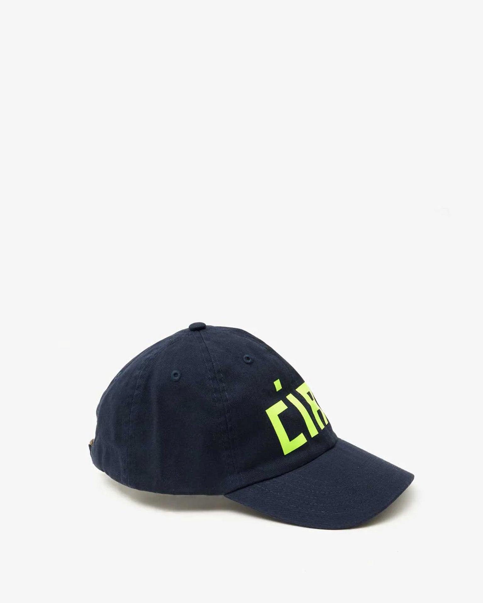 Clare V. Ciao Baseball Hat in Navy w/ Neon Yellow