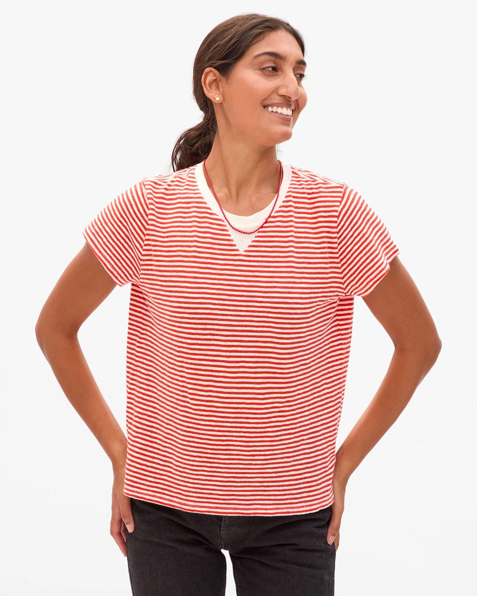 Classic Cttn/Lnn Mini Stripe Tee in Bright Poppy/Cream
