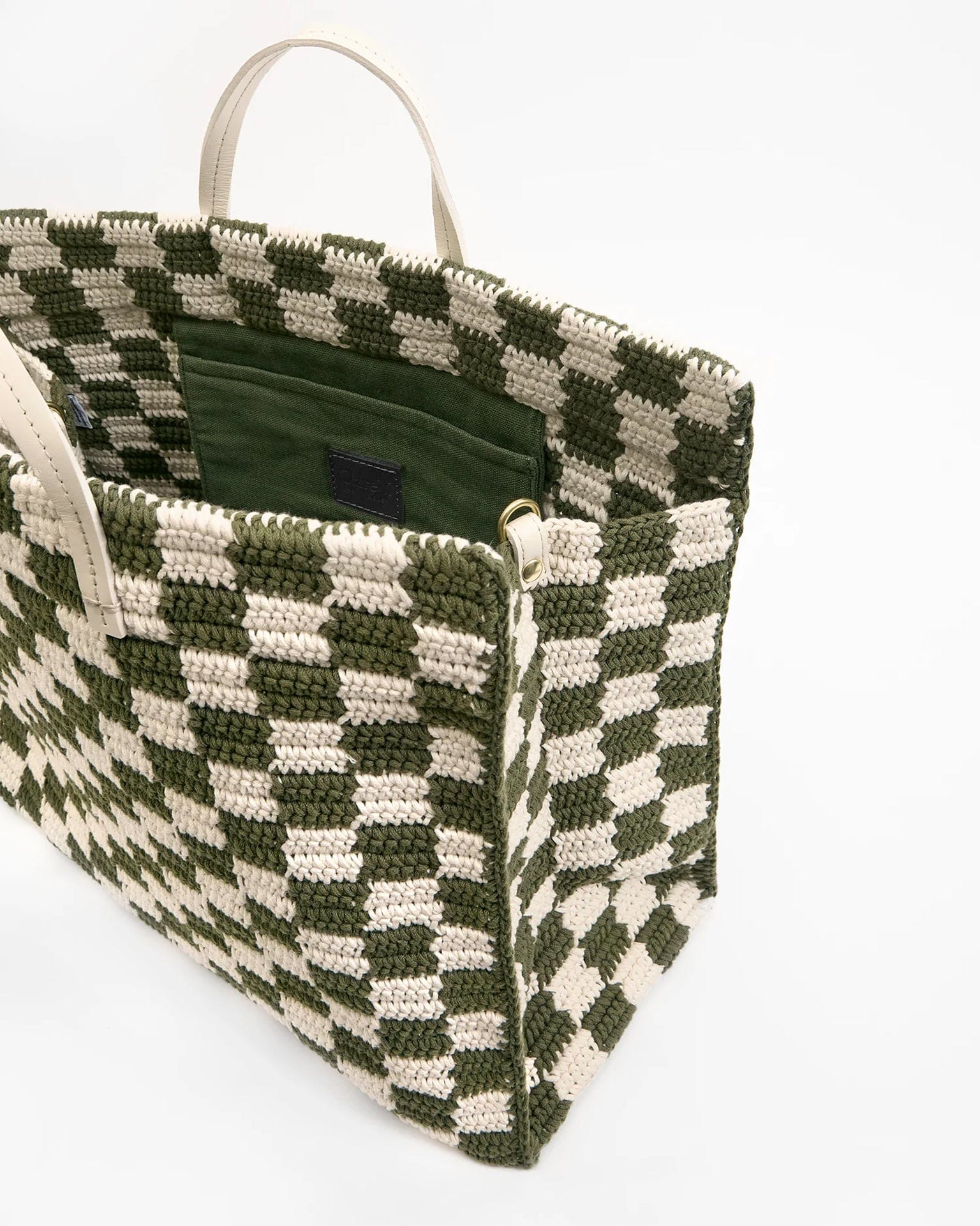 Clare V. Crochet Checker Summer Simple Tote in Olive & Cream