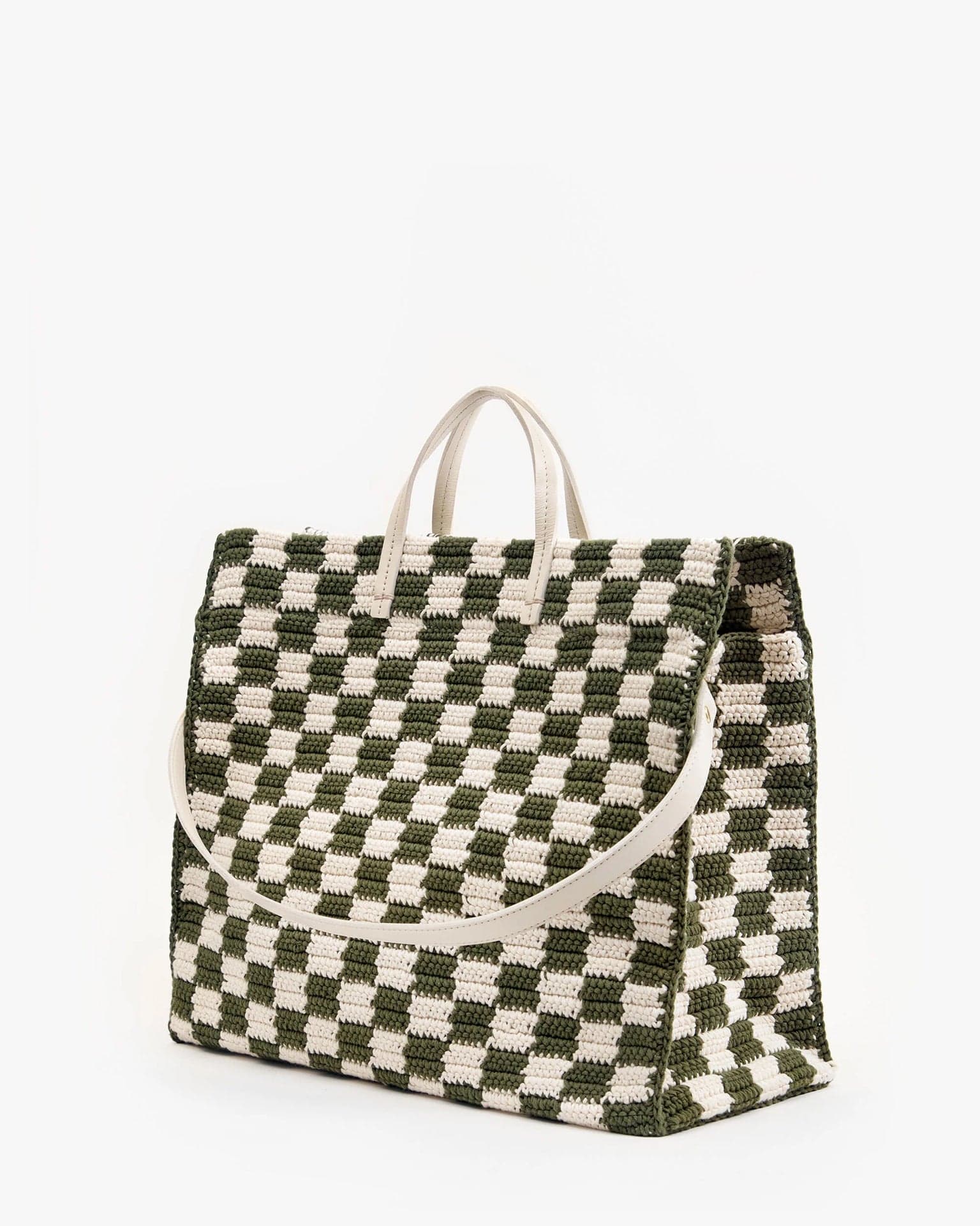 Clare V. Crochet Checker Summer Simple Tote in Olive & Cream