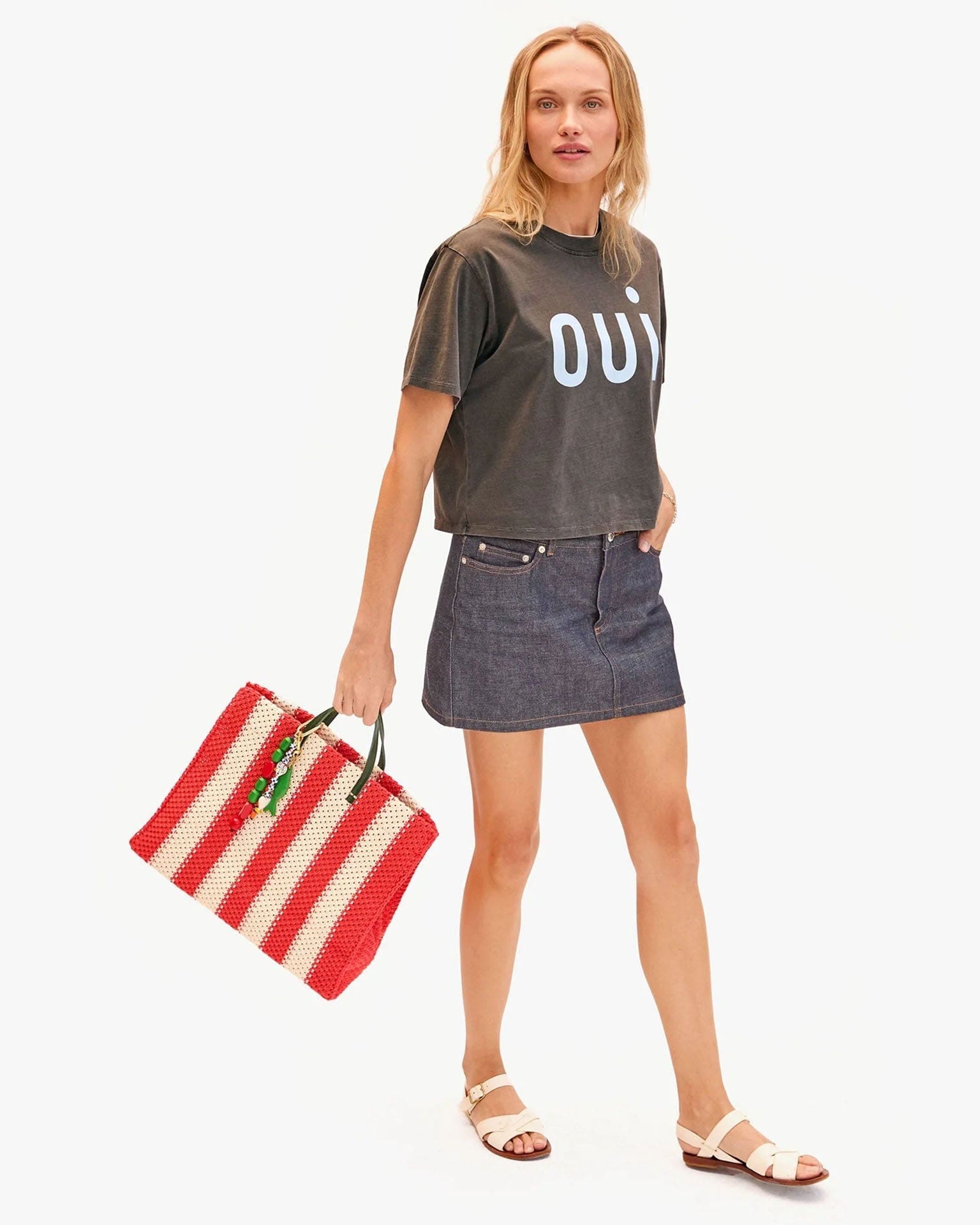 Clare V. Crochet Stripe Summer Simple Tote in Cream/Bright Poppy