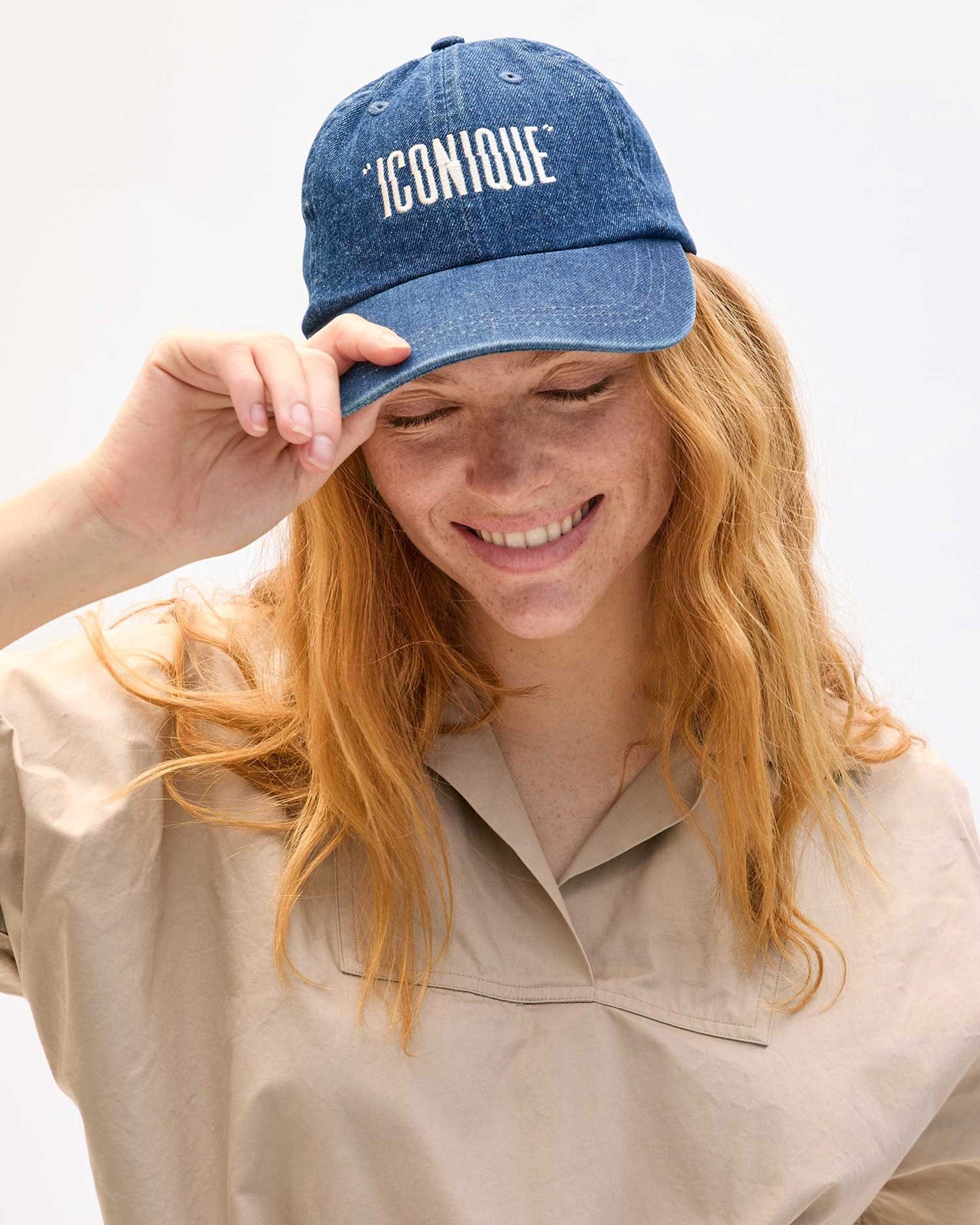 Clare V. Accessories Emb "Iconique" Baseball Hat in Navy Denim w/ Cream