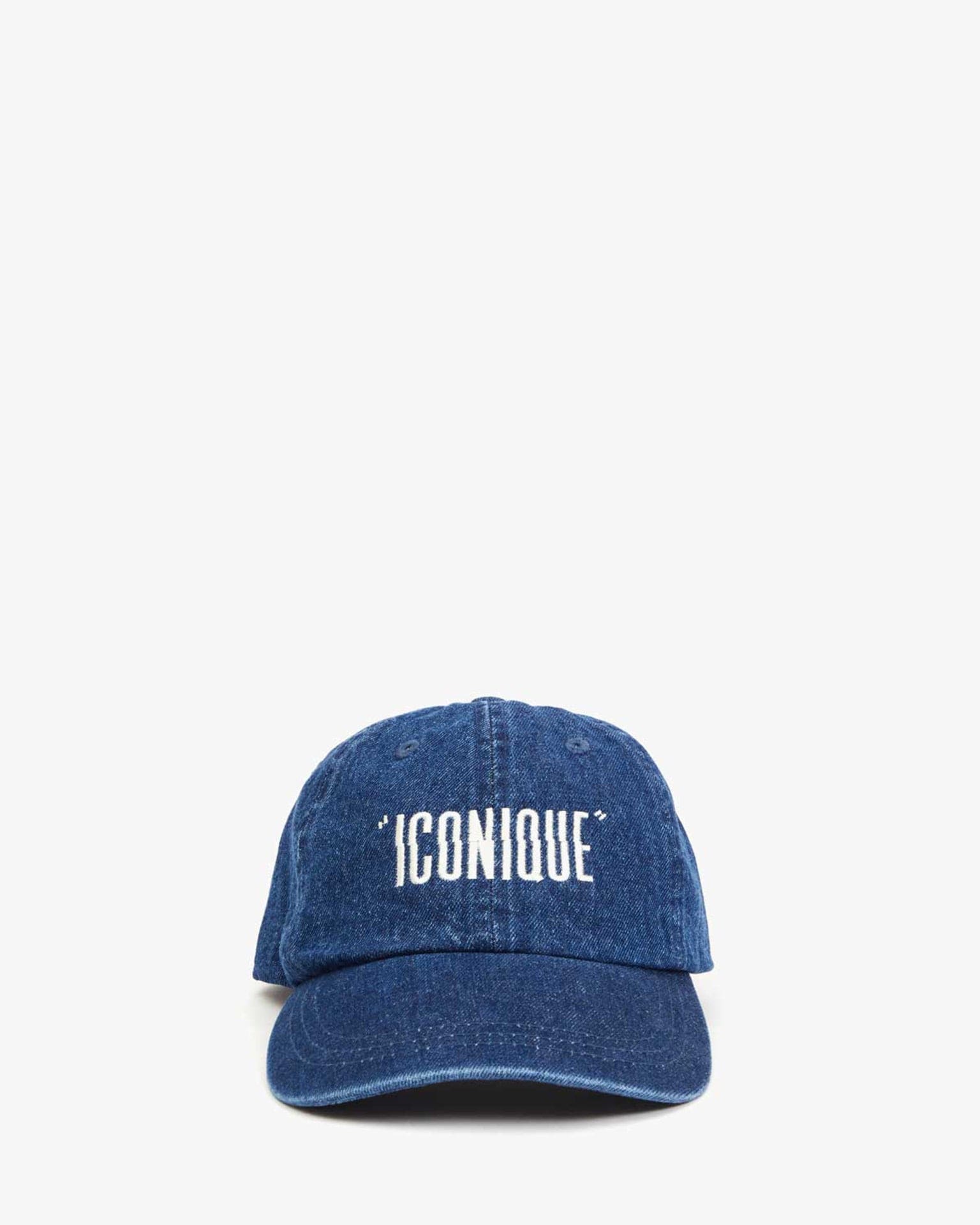 Clare V. Accessories Emb "Iconique" Baseball Hat in Navy Denim w/ Cream