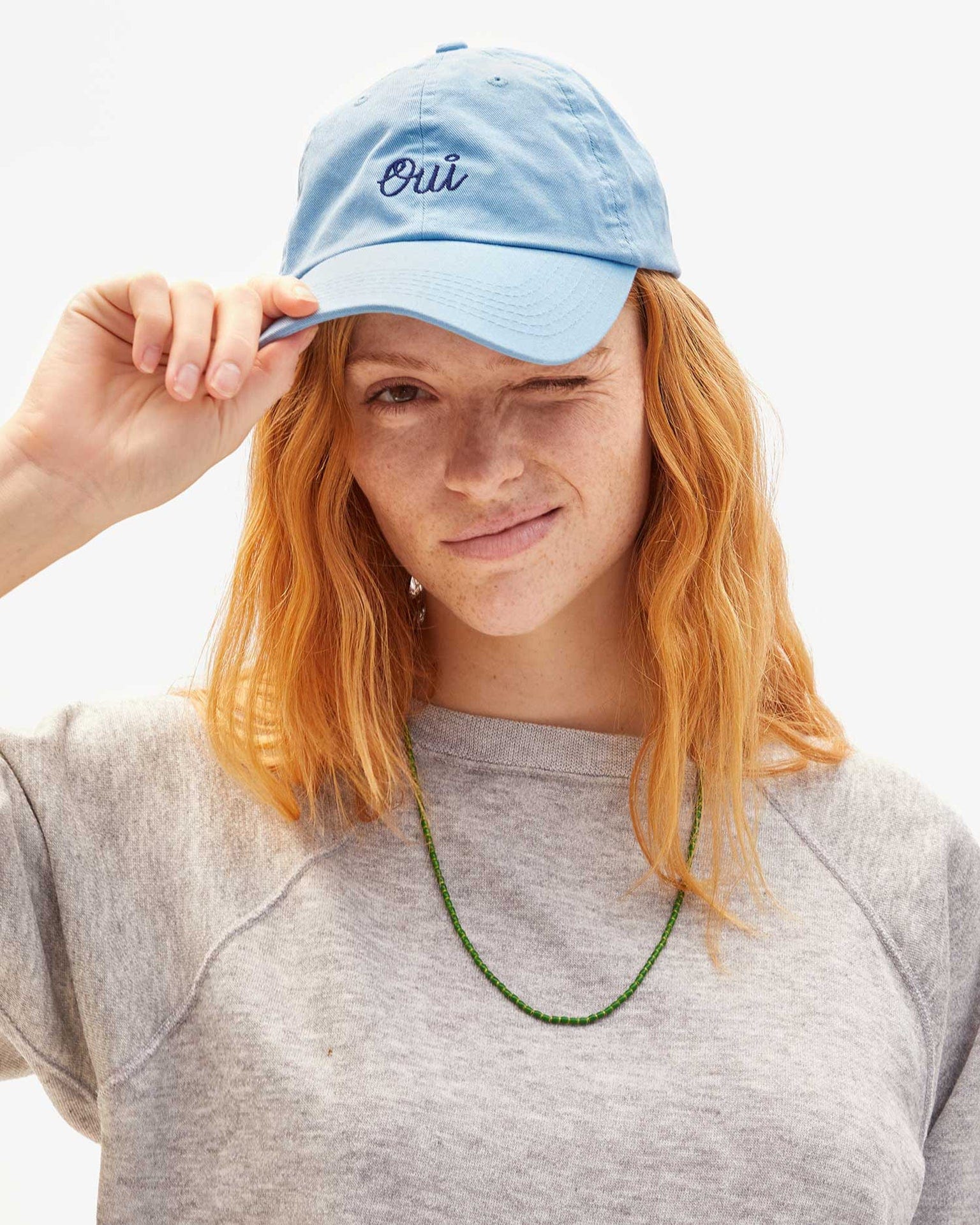 Clare V. Emb Oui Baseball Hat in Sky Blue w/ Navy