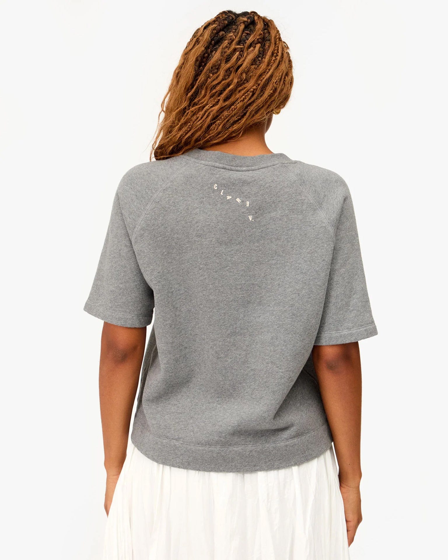 Clare V. Embroidered Oui Short Sleeve Sweatshirt in Grey Melange w/ Citron