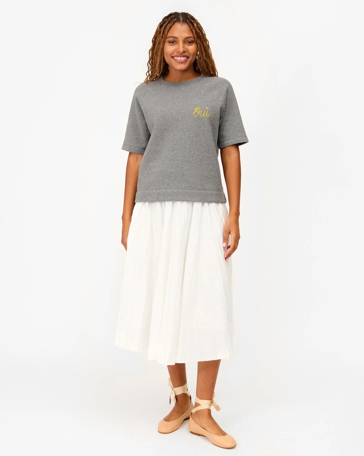 Clare V. Embroidered Oui Short Sleeve Sweatshirt in Grey Melange w/ Citron