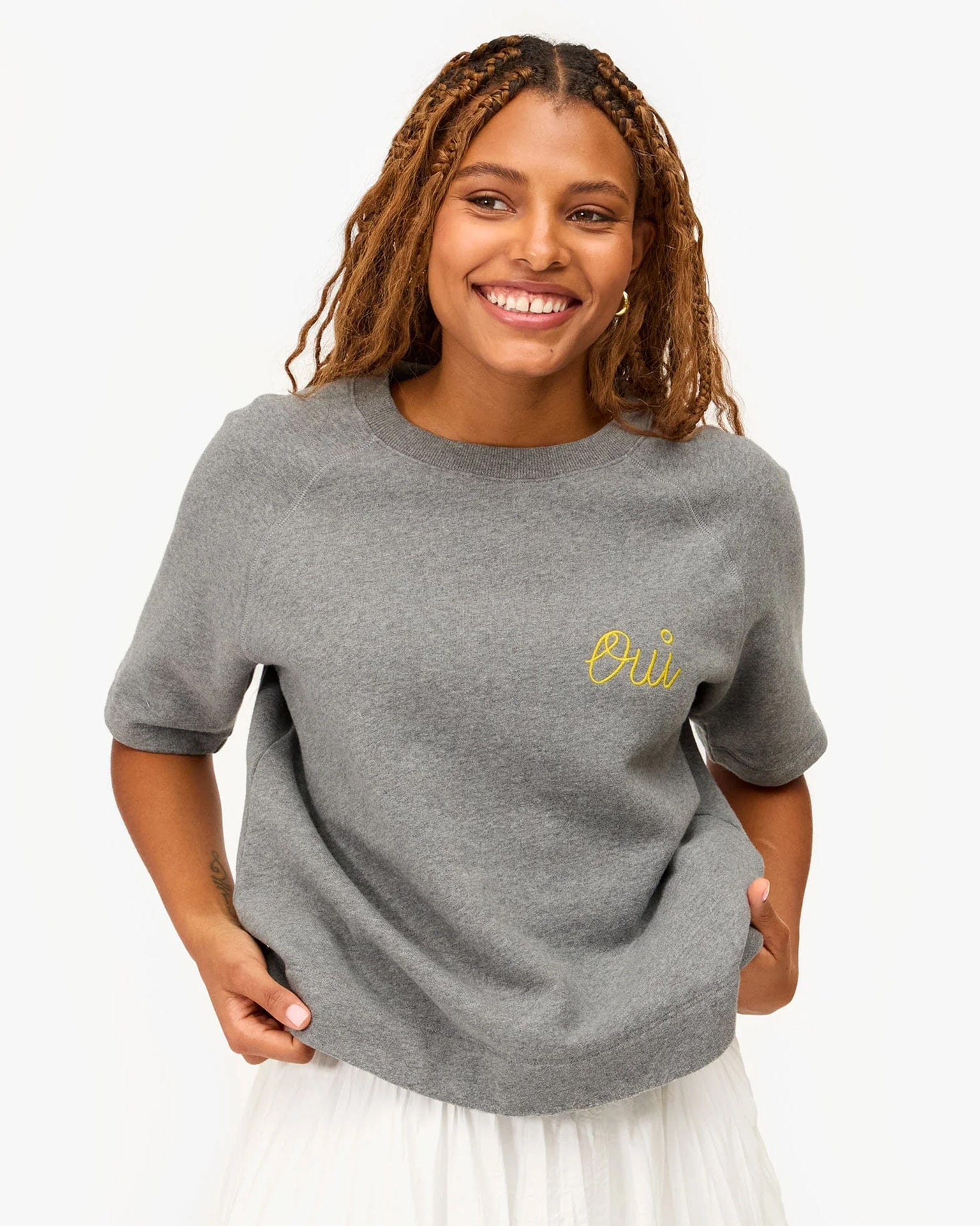 Clare V. Embroidered Oui Short Sleeve Sweatshirt in Grey Melange w/ Citron