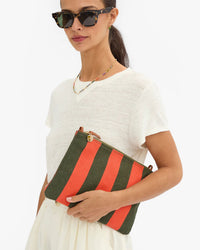 Clare V. Flat Clutch w/ Tabs - Canvas Stripe in Army/Brt Poppy 2 - Bliss Boutiques