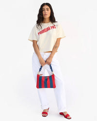 Clare V. Flat Clutch w/ Tabs - Canvas Stripe in Poppy/French Blue 3 - Bliss Boutiques