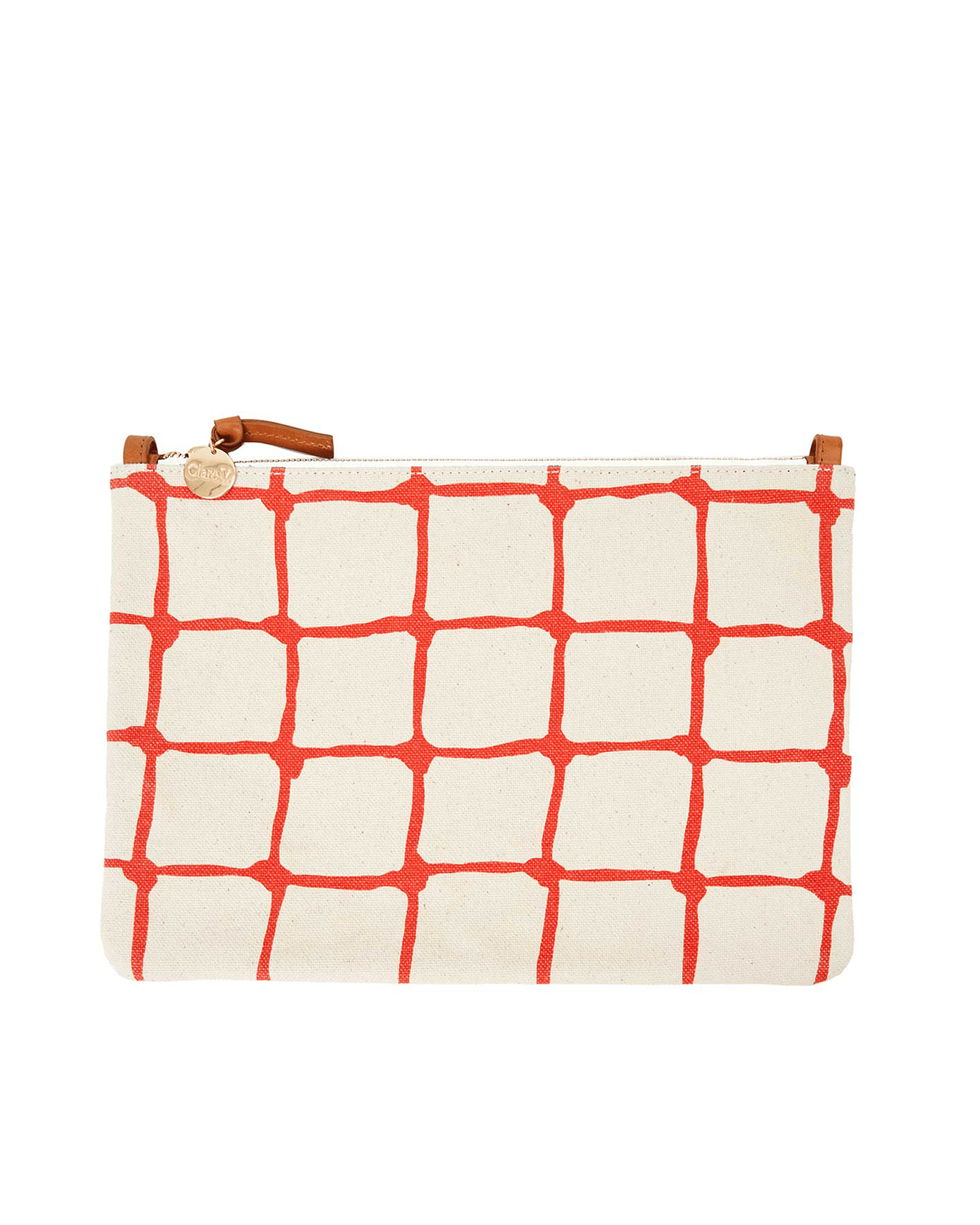 Clare V. Accessories Natural & Bright Poppy Flat Clutch w/ Tabs in Natural & Bright Poppy Net Print Canvas