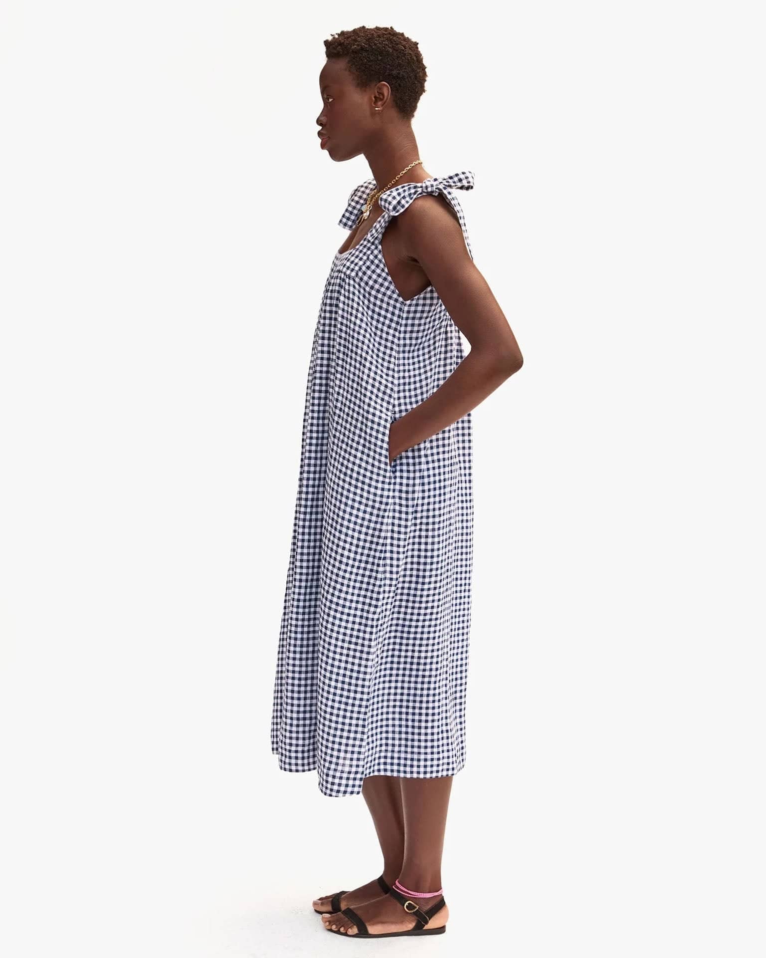 Clare V. Gingham Linen Rosalie Dress in Navy/White
