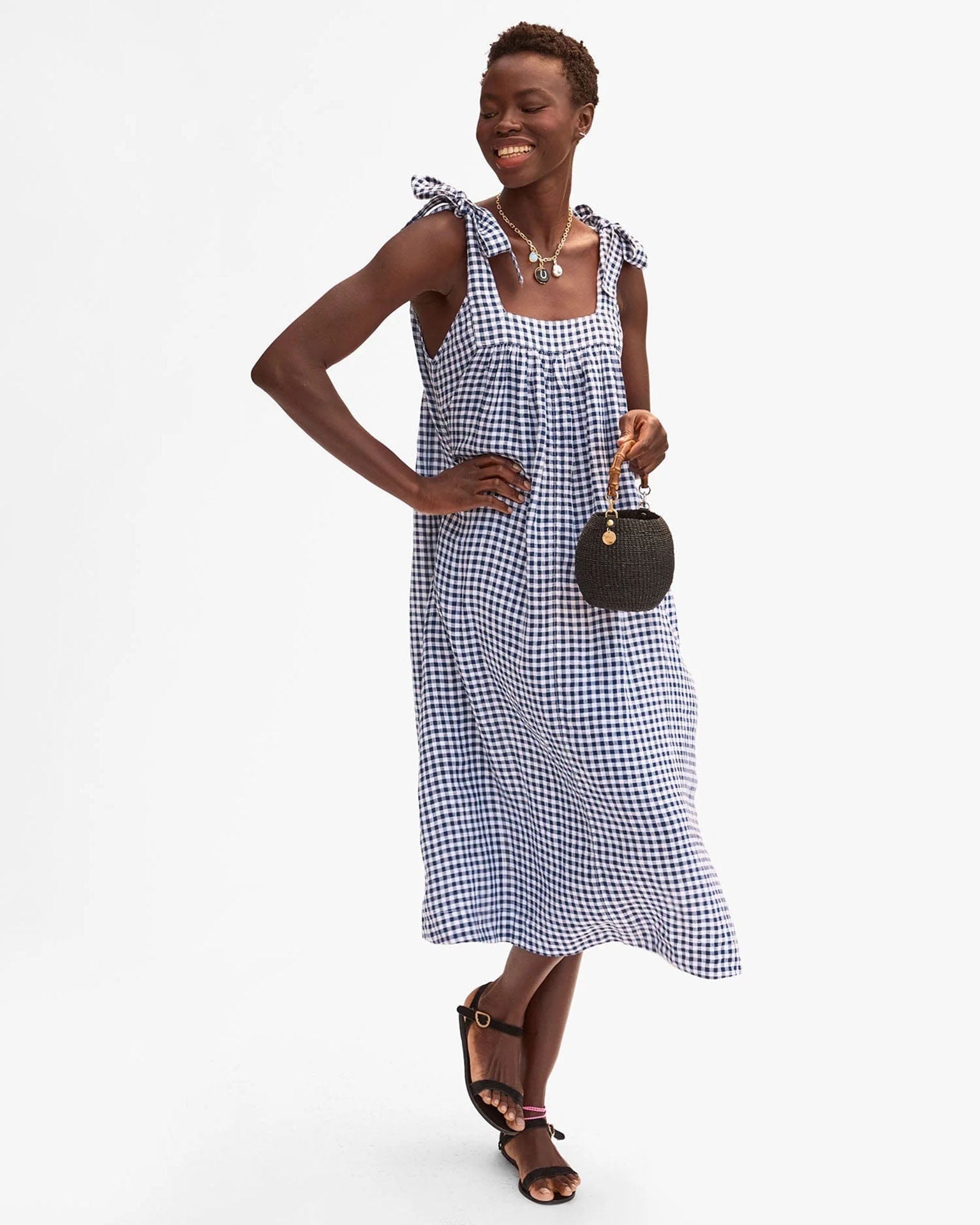 Clare V. Gingham Linen Rosalie Dress in Navy/White