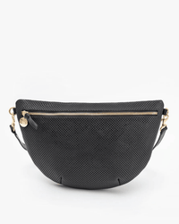 The Grande Fanny in Black Perf by Clare V. is a semi-circular bag made from black perforated vegetable-tanned Italian leather with gold zipper and hardware, shown against a plain white background.