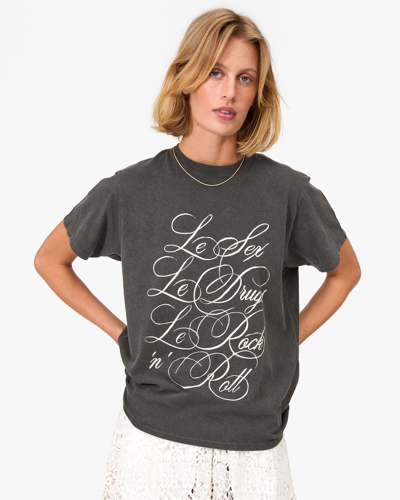 Clare V. Le Sex, Le Drugs, Le Rock n' Roll Original Tee in Faded Black Cotton/Linen w/ Cream