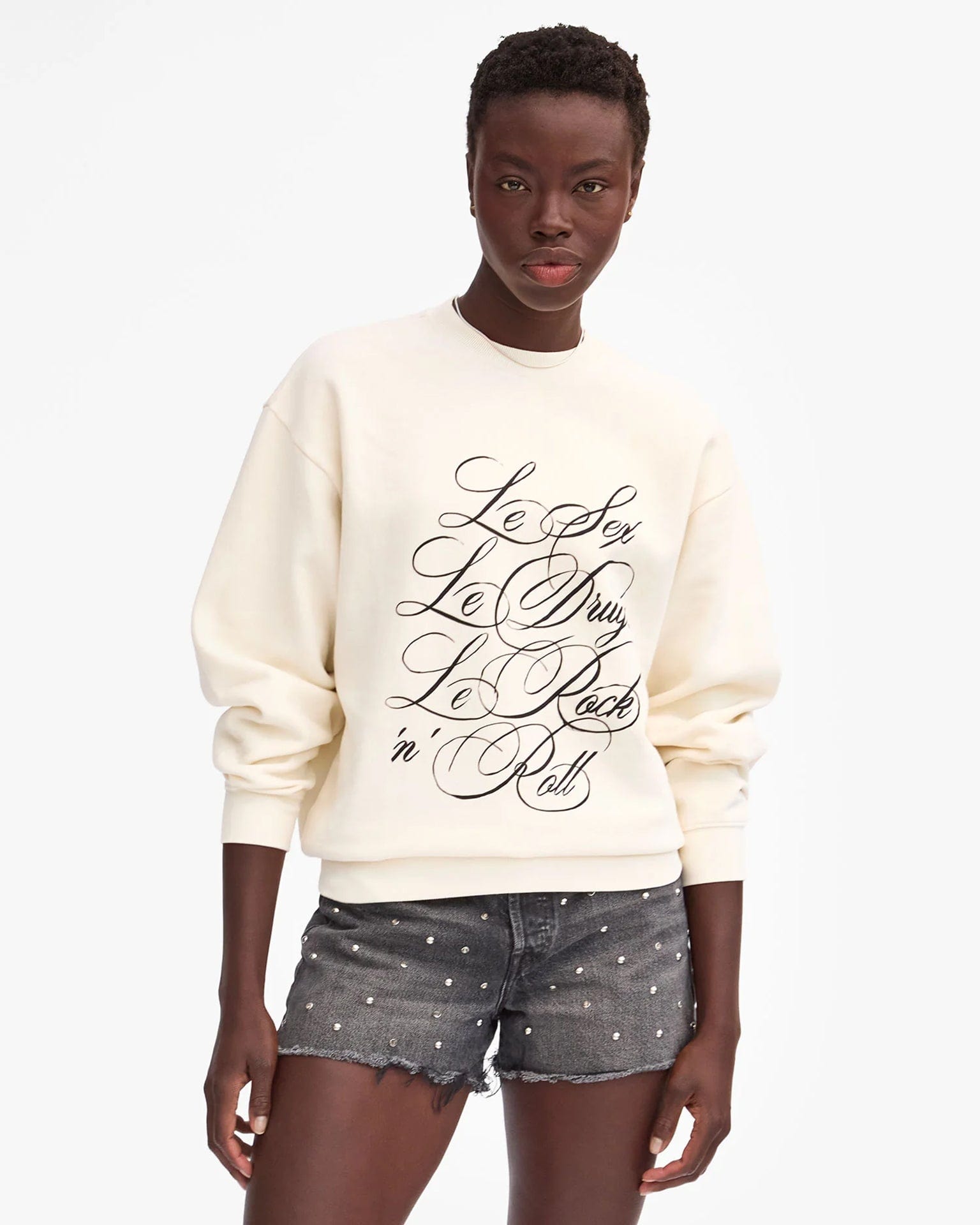 Clare V. Le Sex, Le Drugs, Le Rock n' Roll Oversized Sweatshirt in Cream w/ Black