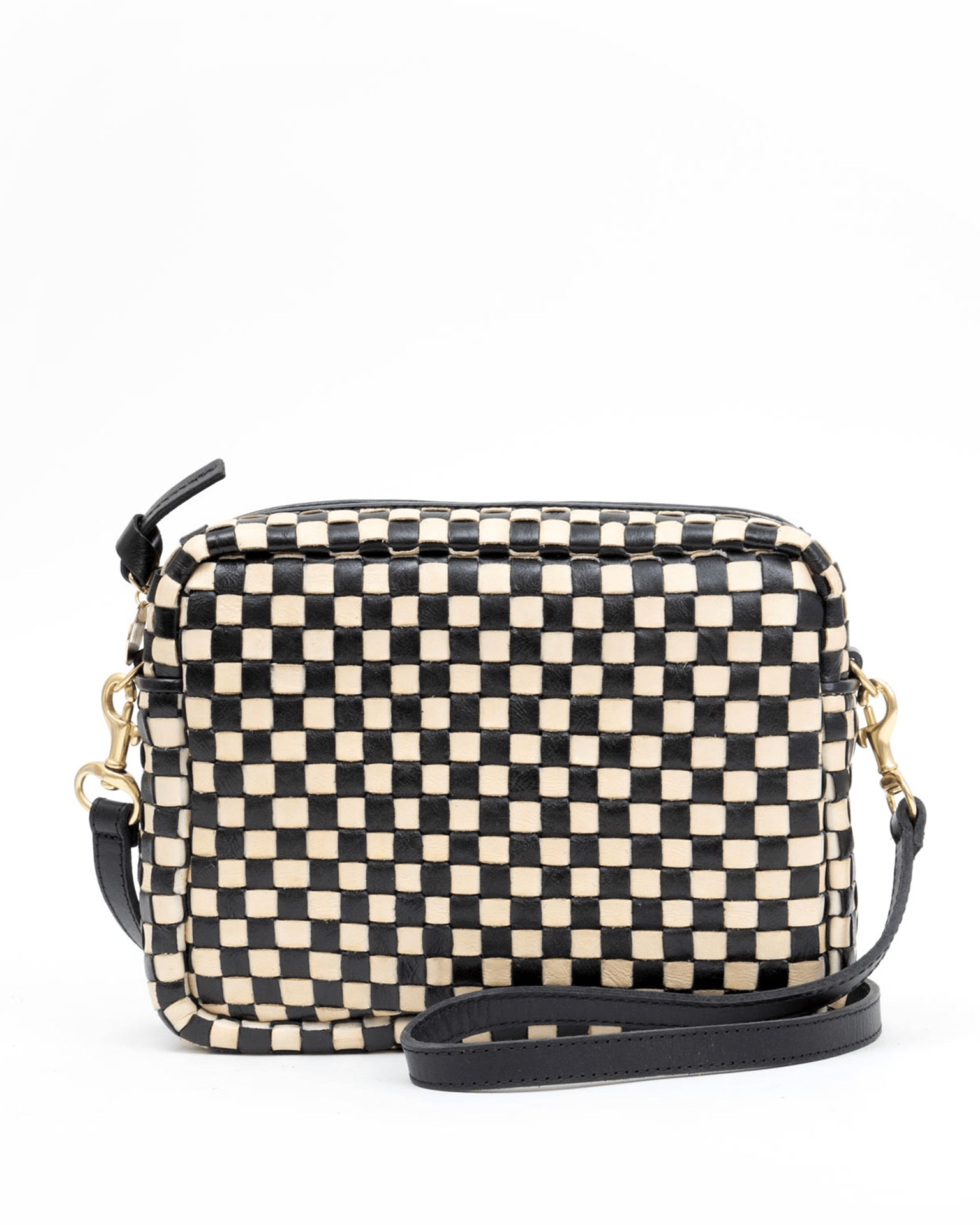 Clare V Midi Sac Woven Leather Crossbody Bag Black and Cream Checker