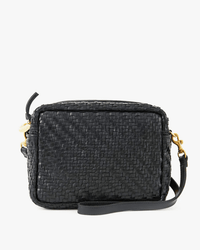 The Clare V. Midi Sac in Black Woven Zig-Zag is a small rectangular crossbody bag with a woven texture, gold-tone hardware, and a matching black strap, inspired by the brand’s iconic design.