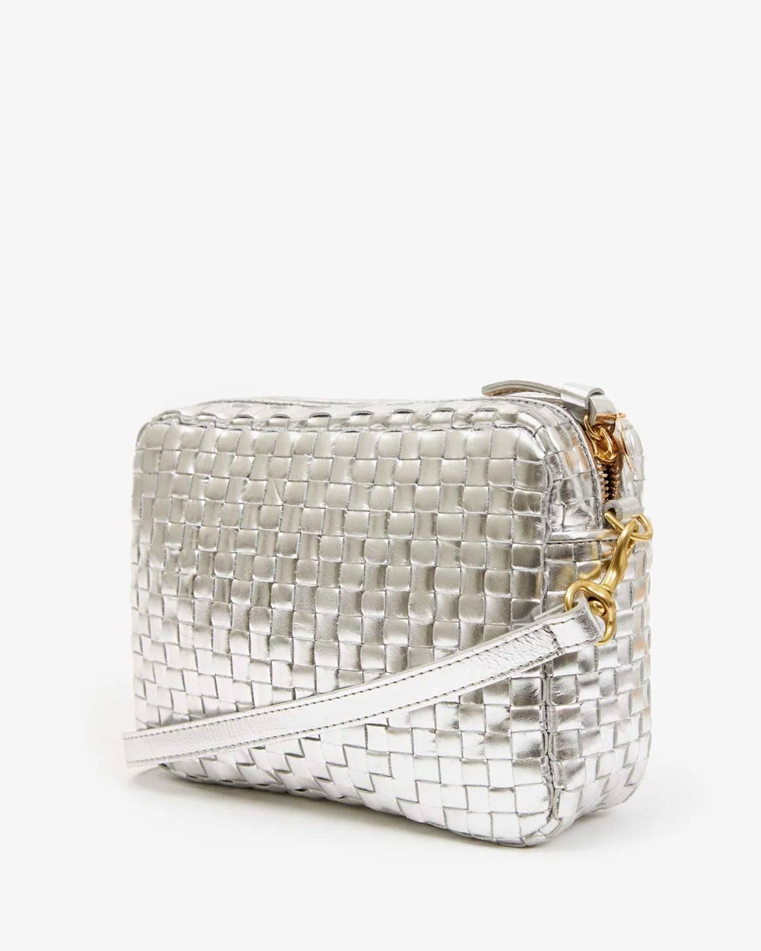 Clare V. Midi Sac in Silver Specchio Woven Checker